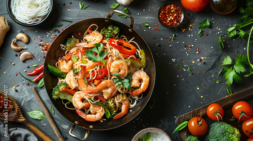 Shrimp stir fry with noodles and vegetables in wok sur