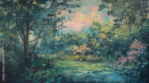 42. Rococo pastel scene featuring a durian orchard in a lush, pastoral setting, with soft colors and delicate detailing characteristic of the Rococo period