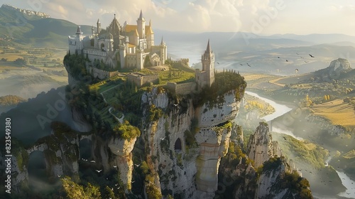 A mystical castle perched on a cliff, overlooking a vast, fantastical landscape.