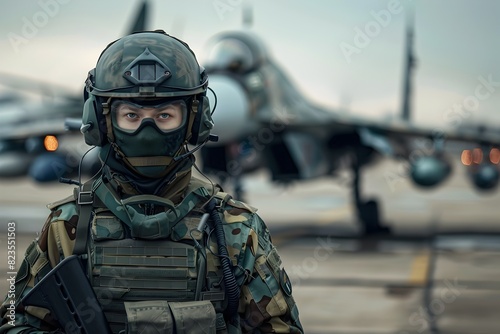 Skilled Military Operator Guarding Cutting Edge Jet Fighter on Airbase Runway