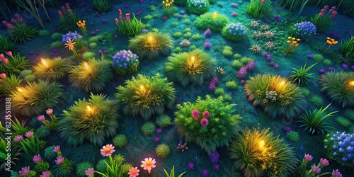 Isolated file of a colorful and lush top view of evergreen flowers and grass field, perfect for creating visually pleasing designs