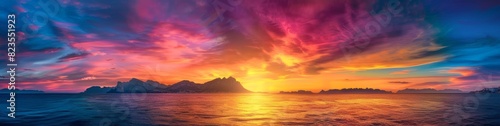 A panoramic view of a beautiful colorful sunset over the sea with a mountain range in the background