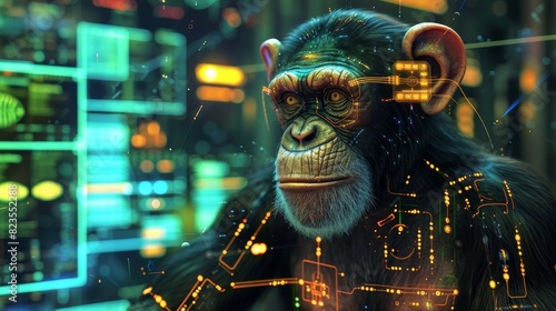 A tech-savvy chimpanzee with a serious look, surrounded by dynamic holographic displays, showcasing digital prowess.
