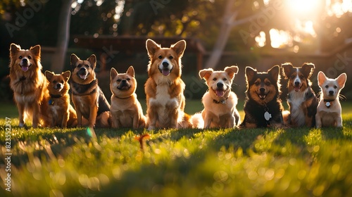 A group of dogs sitting on the grass in an outdoor park, smiling and looking at the camera. including Shiba Inu, German Shepherd, Golden Retriever, French Bulldog 