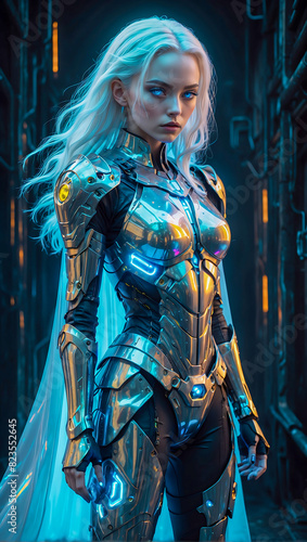 Portrait of a beautiful female paladin with stunning blue eyes and long white hair doing an heroic pose wearing her armor