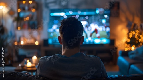 A man watching football on TV in his living room, seen from behind with the focus only on him and his back facing the viewer. 
