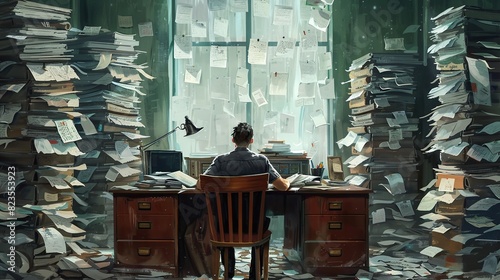Homme au milieu de piles de papiers sur son bureau - illustration 