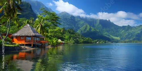 Scenic Polynesian village with lake mountains and lush greenery ideal for tourism. Concept Polynesian village, Scenic lake, Mountain views, Lush greenery, Tourism opportunities