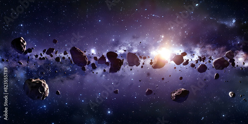 Meteorite field deep in space - rocks of diferent sizes floating in space with a purple pink tinge colour background and bright white star light in the distance ideal for astronomy theme 