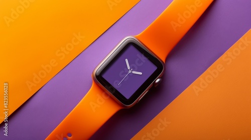 High-contrast vivid pop art mockup of a smartwatch with an orange band and purple background