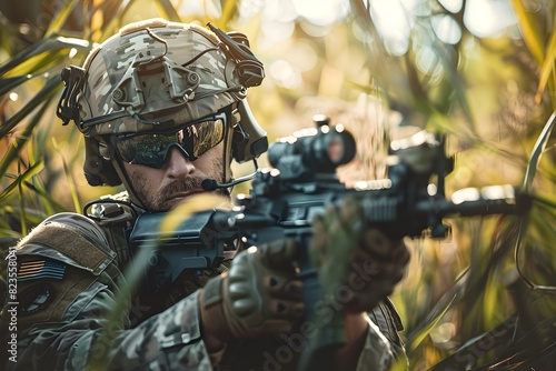 Covert Operative in Camouflage Gear Aiming Rifle in Forest Tactical Environment