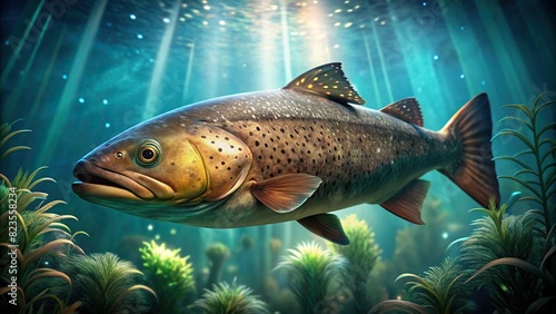 Close-up of a beautiful Brown trout swimming gracefully in an aquarium 