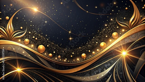 Elegant black abstract background with sparkling gold accents, ideal for a glamorous and stylish theme 
