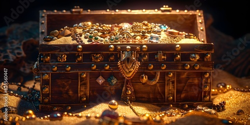 Exquisite Treasure Chest Overflowing with Gold and Jewelry against a Golden Sand Background