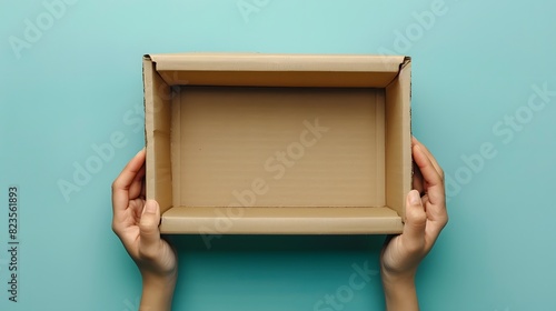 A person holding out an empty cardboard box against blue background, top view. 