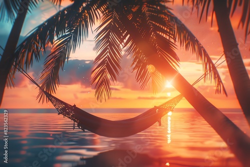 Relaxing hammock between palm trees on a tropical beach at sunset. Warm colors of the sky, sun and sand. Gentle waves lapping at the shore. Overhead view.