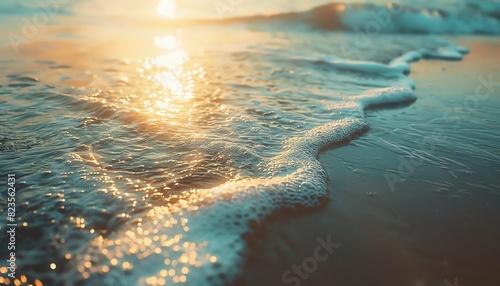 The setting sun casts a golden glow over the gently lapping waves