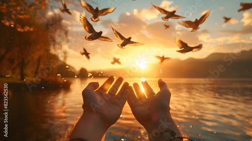 A person's hands open and outstretched towards the sky, with birds flying in front of them at sunset. This scene conveys hope for freedom, love, happiness, tranquility. 