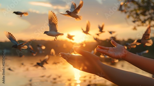 A person's hands open and outstretched towards the sky, with birds flying in front of them at sunset. This scene conveys hope for freedom, love, happiness, tranquility. 