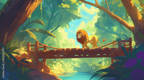 Personagem leão atravessa uma ponte de madeira na floresta verde