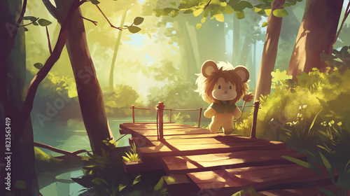 Personagem leão atravessa uma ponte de madeira na floresta verde