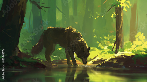 Personagem lobo brinca em uma poça de água na floresta verde