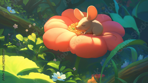 Personagem de rato dormindo em uma flor rosa gigante na floresta verde