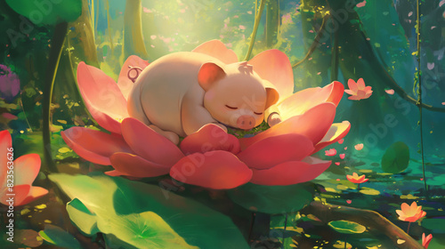 Personagem porquinho dormindo em uma flor rosa gigante na floresta verde