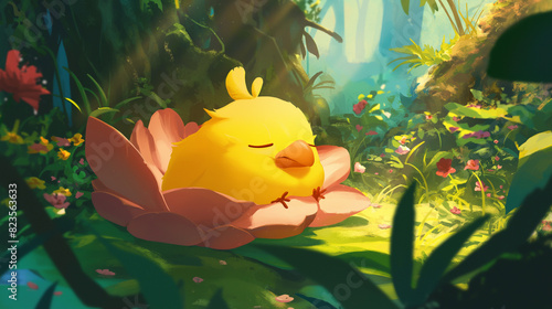Personagem de pássaro amarelo dormindo em uma flor rosa gigante na floresta verde