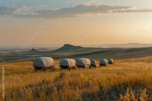 Settlers on the Oregon Trail with Covered Wagons and Expansive Plains 