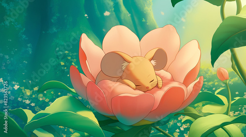 Personagem de rato dormindo em uma flor rosa gigante na floresta verde