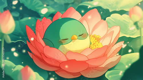 Personagem pássaro verde dormindo em uma flor rosa gigante na floresta verde