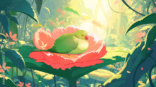 Personagem pássaro verde dormindo em uma flor rosa gigante na floresta verde