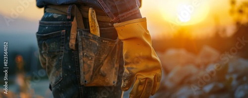 close up picture illustration of a glove hand on wood of a person at work, sunset light color palette