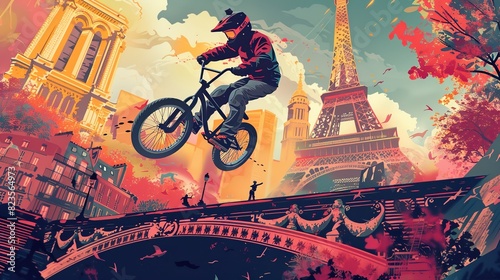 There are four people riding BMX bikes over a ramp. The background is a graffitied wall, and the foreground has a skateboard ramp with graffiti on it.