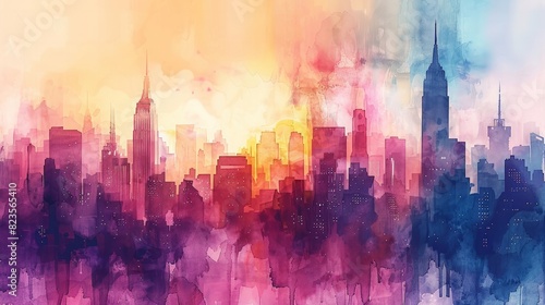 A vibrant watercolor painting of a cityscape, capturing the urban landscape in a dreamy and artistic style.