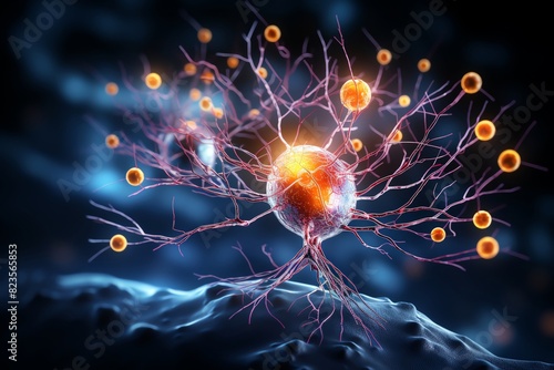 A detailed 3D illustration of a neuron with glowing synapses and dendrites.