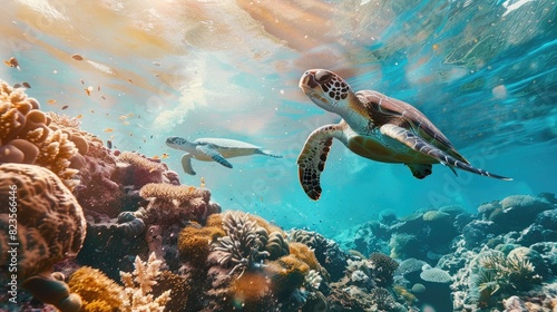 snorkeler swimming alongside majestic sea turtles in a tropical coral reef ecosystem