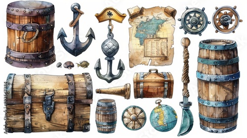 Pirate cartoon accessories, ship equipment for game adventurers, treasure chest map sea anchor, old captain's hat cannon bombs, clever modern illustration.