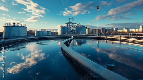 A water treatment plant with large circular tanks and long pipes, surrounded by city buildings in the background. 