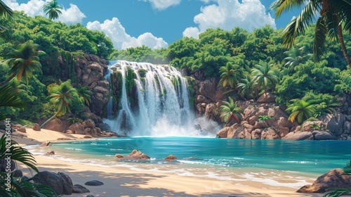Nature waterfall illustration. Water streams fall from mountain cliffs and cascades on a tropical jungle holiday.