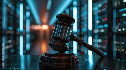 A wooden judge's gavel is set against a blurred background of blue circuit boards.