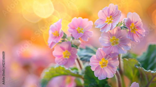 Spring fluffy forest primroses on a beautiful soft pas