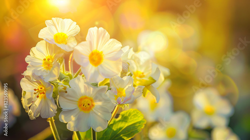 Spring forest flowers primroses sunlight on beautiful