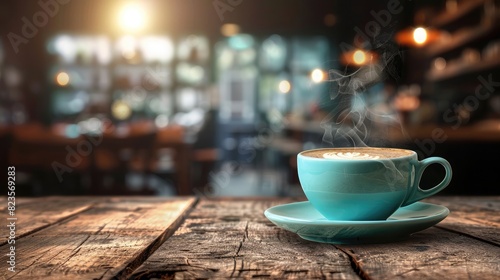 steaming cup of coffee on a rustic wooden table with a cozy cafe background