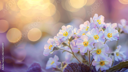 Spring forest primroses on a beautiful soft golden and