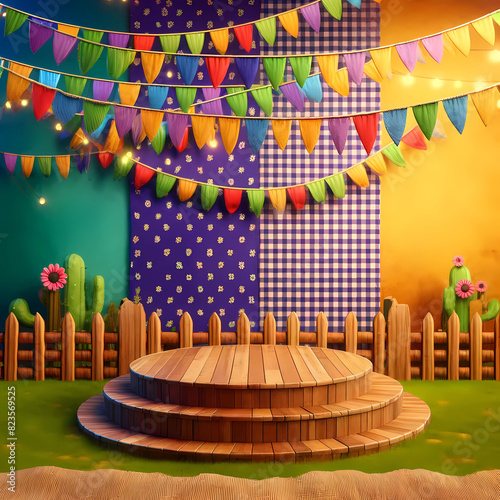 Palco 3d realista com bandeirinha para expor produtos de festa junina