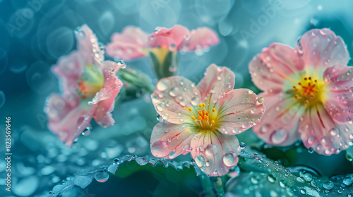 Spring forest primroses under the rain drops on a blue