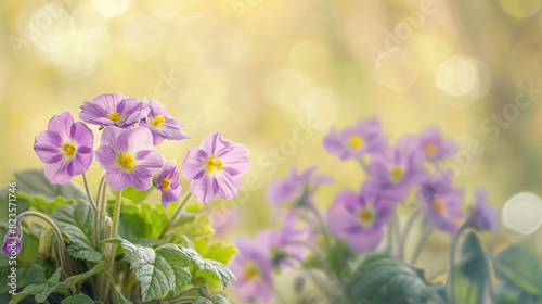 Spring purple forest primroses on a beautiful soft pas