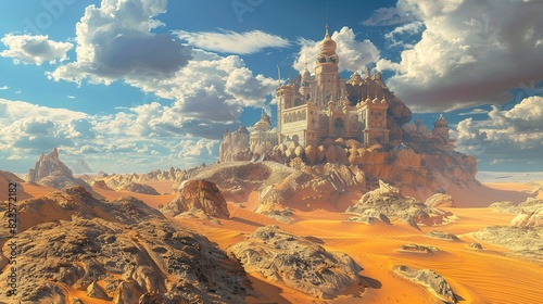 An illustration of a castle ruin in the middle of a desert. The sky is blue and cloudy.